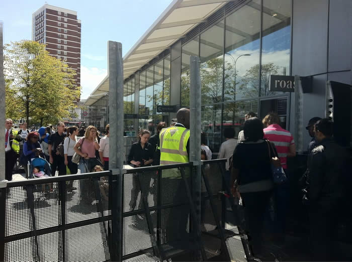 Riot barriers at Westfield in Shepherd's Bush